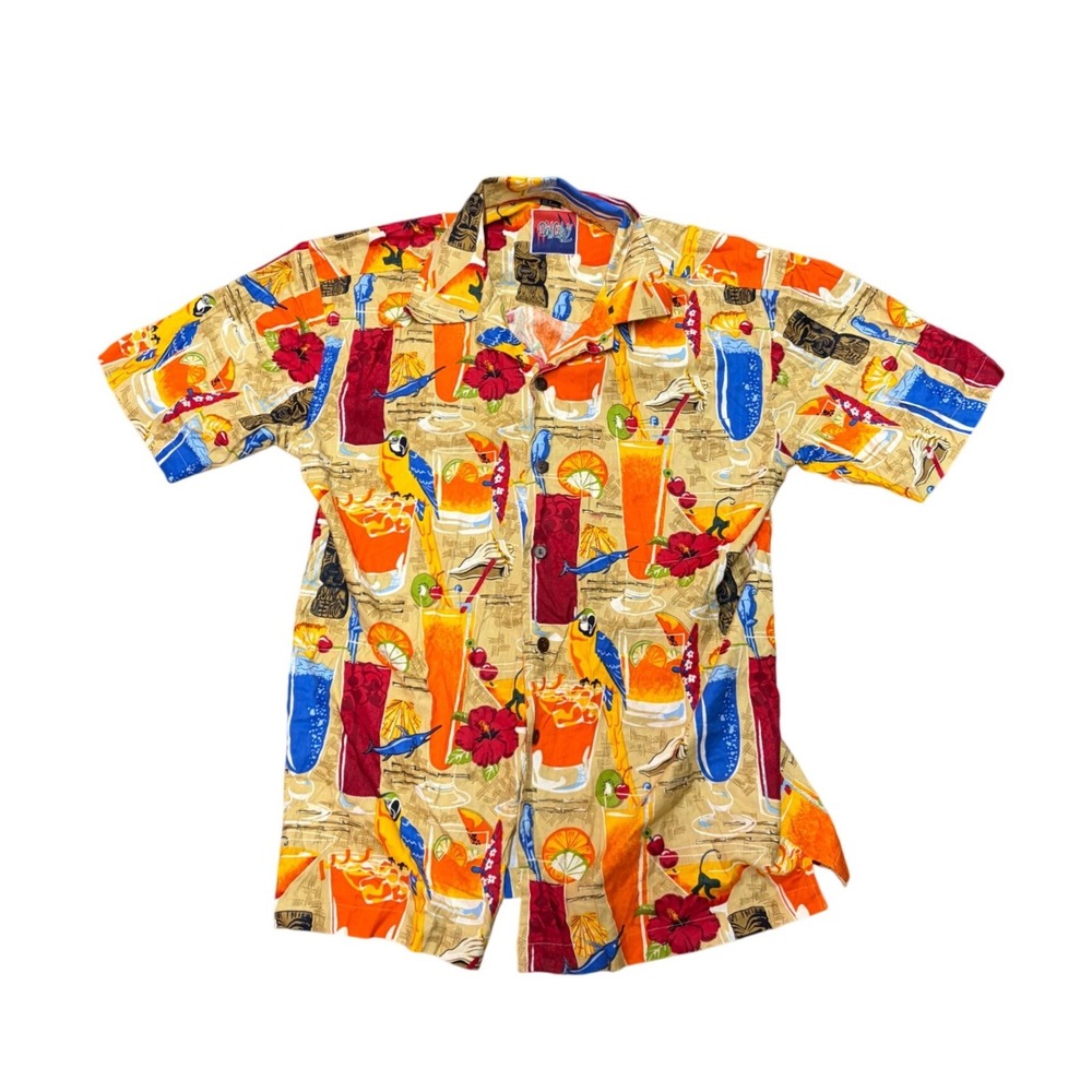 Tiki Tropical Cocktail Mens Print Button Up Shirt Medium Cotton Rayon‎ Dem Crazy